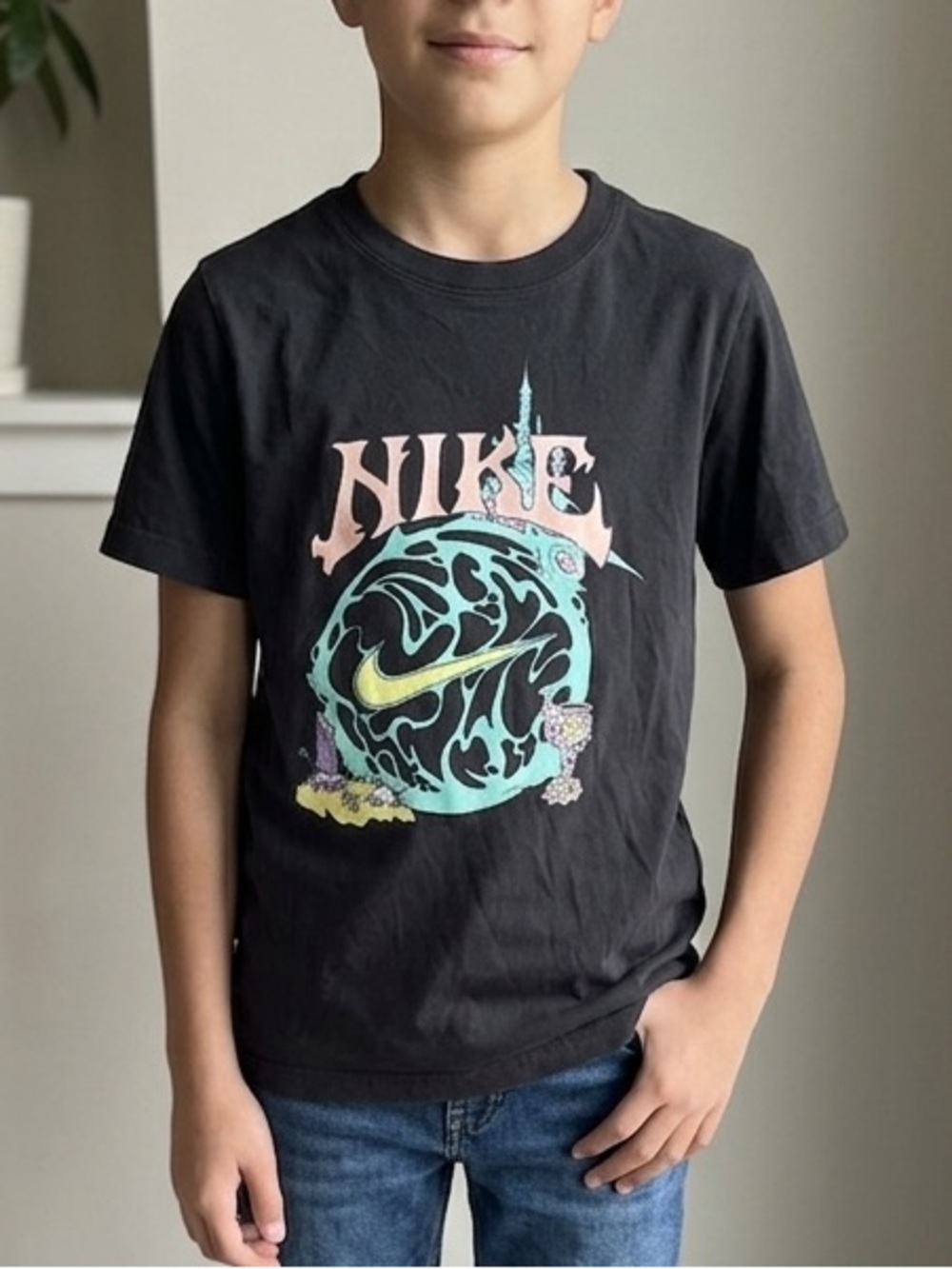 Nike Black Tee with Pastel Multicolor Graphic large faded black